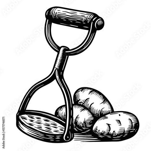 Engraved potatoes and masher for mashing potatoes are seen in this close up. Preparing mashed potatoes with manual masher is a vintage culinary practice.