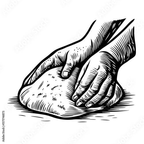Hand kneading dough, a traditional method for creating delicious bread. Dough kneading by hand using fresh ingredients like flour and water is essential for many recipes.