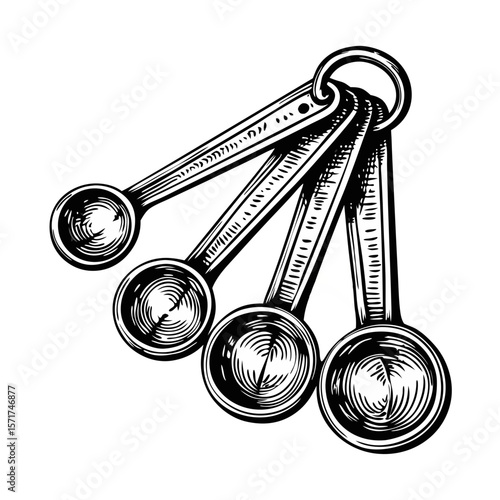Measuring spoons set illustrated in hand-drawn style, kitchen utensils for precise cooking and baking. This measuring spoons set of metal teaspoons and tablespoons are classic tools.