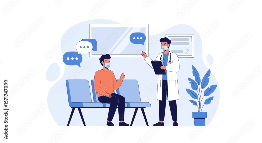 Doctor Discussing Diagnosis With Patient Wearing Masks In Waiting Room Doctor Discussing Diagnosis With Patient Wearing Masks In Waiting Room