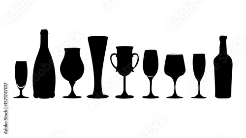 Wine bottles and glasses vector silhouette illustration for bar and restaurant use