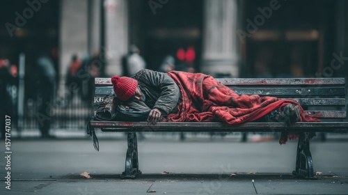 A powerful photograph of a homeless person resting on a bench in an urban cityscape, highlighting the stark contrast between wealth and poverty.