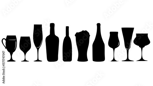 Wine and beer bottles and glasses silhouette vector illustration for design use