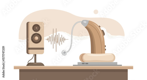 Acoustic Aid With Speaker and Sound Wave Illustrates The Process of Amplification