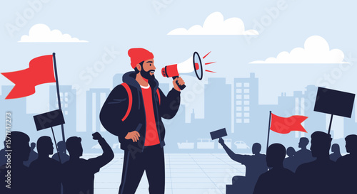 Activist Leading Protest Rally With Megaphone During Demonstration Meeting