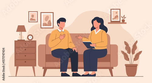 Illustration Showing Man Having Therapy Session With Psychologist At Home