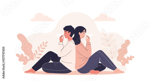 Allergies Season Suffering Couple Sitting Back To Back With Tissue Isolated Vector