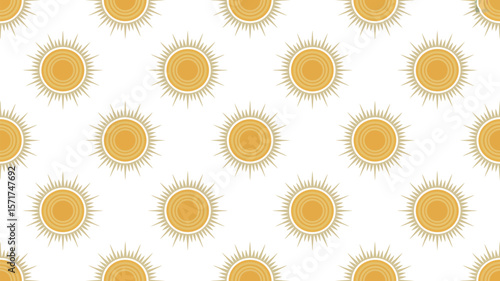 Seamless pattern of stylized suns with rays on a teal background surface design