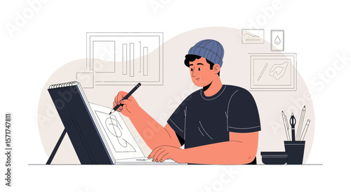 Illustrator Creates A Conceptual Design On A Digital Tablet Or Drawing Board