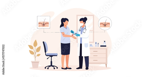 Doctor Examining Patient Arm With Skin Diagram Explaining Ailment or Allergy