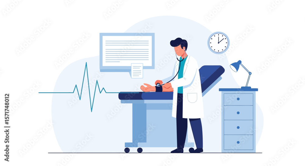 Doctor Examining Patient With Stethoscope And Blood Pressure Cuff In Clinic Doctor Examining Patient With Stethoscope And Blood Pressure Cuff In Clinic