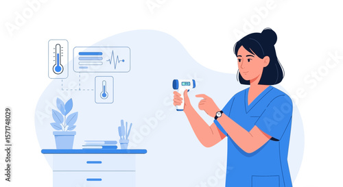 Infrared Thermometer Being Pointed To Check Temperature By Woman In Healthcare