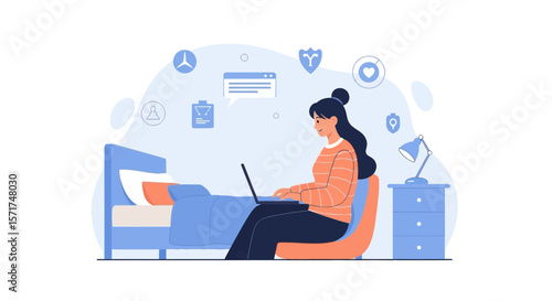 Young Woman Working On A Laptop From Her Comfortable Bedroom In A Relaxing Mood