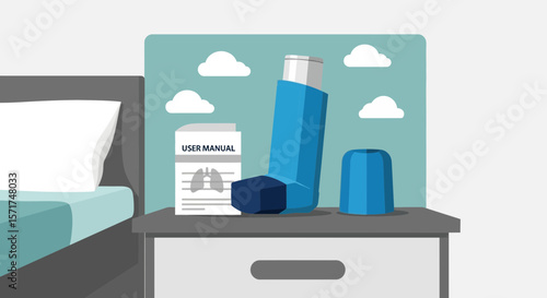 Inhaler And User Manual Placed On Bedside Table In Room Illustration