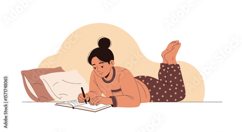 Young Woman Writing In Journal At Home Enjoying Cozy Moment