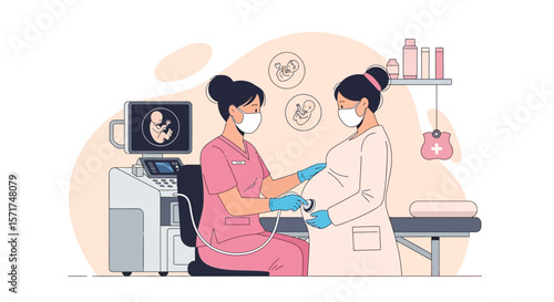 Doctor Examining Pregnant Woman Using Stethoscope In Clinic With Medical Device