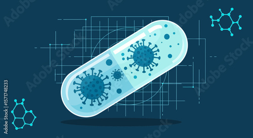 Innovative Coronavirus Cure Pill Concept On Abstract Blueprint Background Graphic