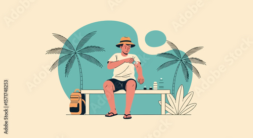 Applying Sunscreen At Tropical Destination For Vacation Protection Illustration
