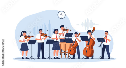 Youthful Orchestra Practicing For Recital With Violins Cellos And Clarinet In School