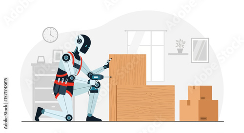 Innovative Robot Assembling Furniture In The Living Room Digital Illustration