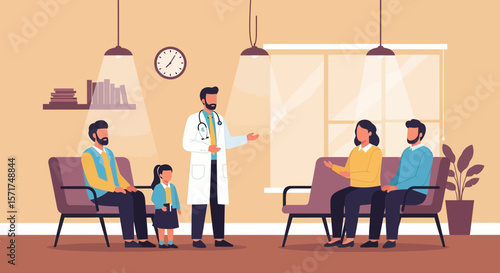 Professional Doctor Consults With Patients In Modern Hospital Waiting Room Setting