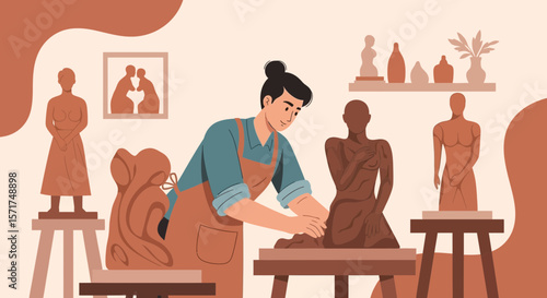 Artisan Sculpting Figurines At Studio Creating Beautiful Clay Sculptures