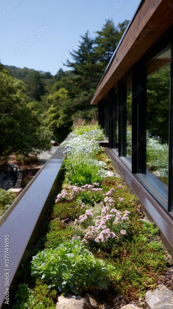 Fototapeta premium Sustainable architecture: living roof edge detail with lush vegetation.