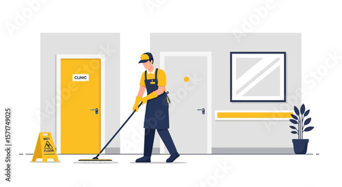Professional Janitor Maintaining Cleanliness In Hospital Environment With Wet Floor Sign