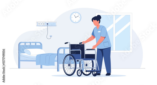 Professional Healthcare Worker Preparing Wheelchair For Patient Use In Hospital Room