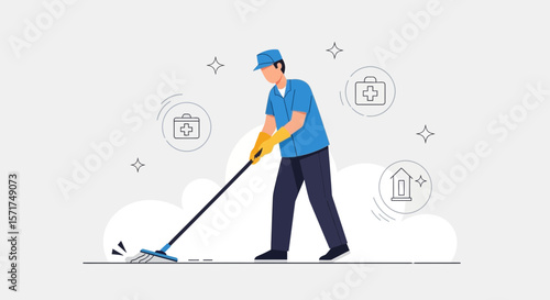 Professional Janitor Mopping The Floor For Home Cleaning Service Business Concept