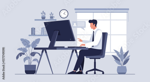 Professional Man Working From Home Office at Desk Illustration Vector Art