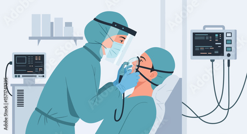 Intensive Care Doctor With Patient Ensuring Proper Oxygen Flow In Hospital Ward