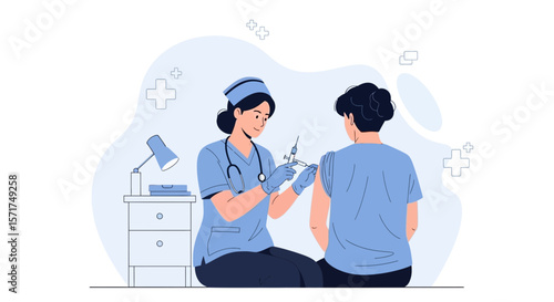 Professional Nurse Administering Vaccine Injection To Patient In Doctor Office