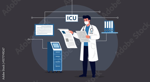 Intensive Care Unit Doctor Analyzing Patient Data With Medical Equipment