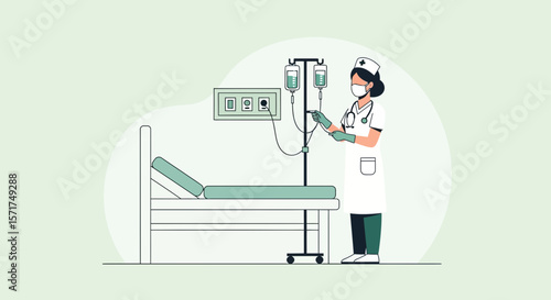 Professional Nurse Preparing Intravenous Medication in a Hospital Room Illustration