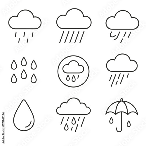 Rainy Weather Icons. Outline style icons of Rain Conditions: light drizzle, heavy rain, rain with wind, cloud with raindrops,