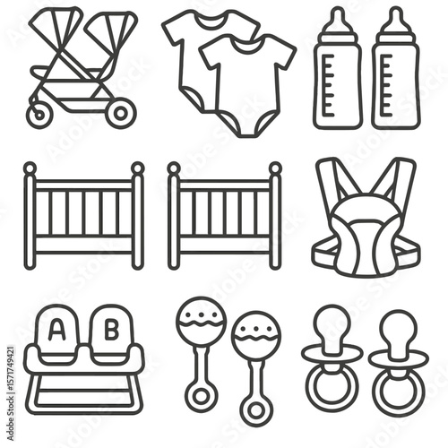 Twin Parenting Essentials. Outline style icons of Twin Parenting Essentials: double stroller, twin onesies, twin bottles, “A” and
