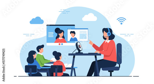 Interactive Distance Learning Session Connecting Students And Teacher Virtually