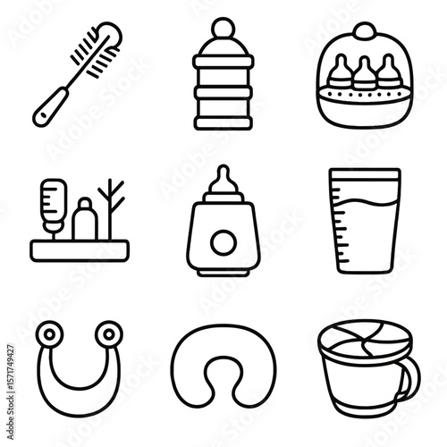Feeding Accessories Icons. Outline style icons of Feeding Accessories: bottle brush, formula divider, nipple sterilizer, drying