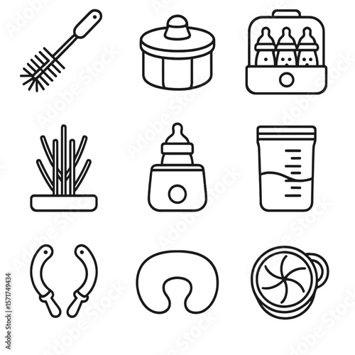 Feeding Accessories Icons. Outline style icons of Feeding Accessories: bottle brush, formula divider, nipple sterilizer, drying