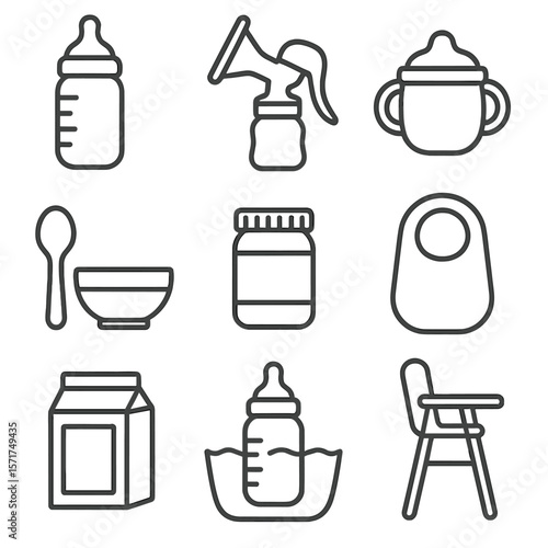 Baby Feeding Icons. Outline style icons of baby feeding items: baby bottle, breast pump, sippy cup, spoon and bowl, baby food jar,