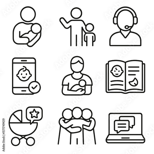 Parenting Support Icons. Outline style icons of parenting support: parent with baby, family help icon, support call, baby care app