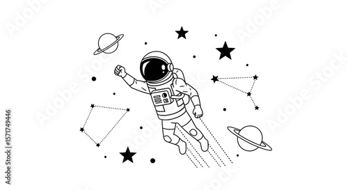 Astronaut Exploring Space Galaxy Illustration, Cosmic Adventure, Cartoon Design