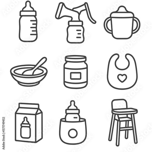 Baby Feeding Icons. Outline style icons of baby feeding items: baby bottle, breast pump, sippy cup, spoon and bowl, baby food jar,