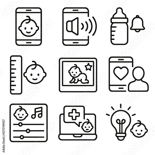 Digital Baby Care Icons. Outline style icons of digital baby care tools: baby monitor app, sleep sound app, feeding reminder,