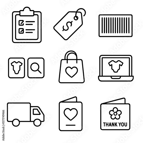 Baby Registry Icons. Outline style icons of baby registry items: wishlist clipboard, price tag icon, registry barcode, compare
