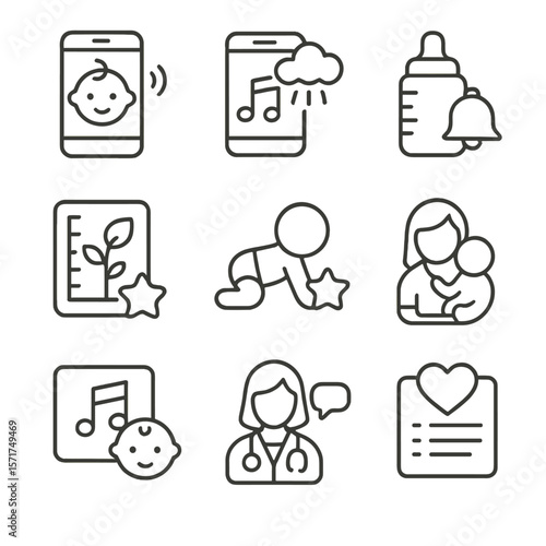Digital Baby Care Icons. Outline style icons of digital baby care tools: baby monitor app, sleep sound app, feeding reminder,