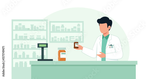 Professional Pharmacist Dispensing Medication at Pharmacy Counter Illustration