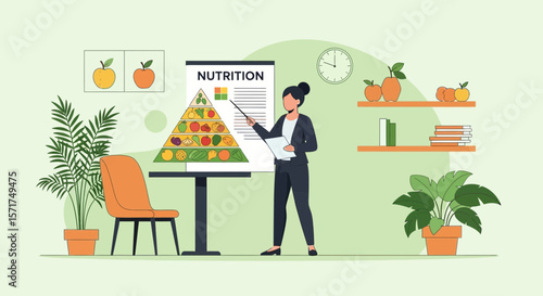 Professional Nutritionist Presenting Food Pyramid Chart For Healthy Diet Planning