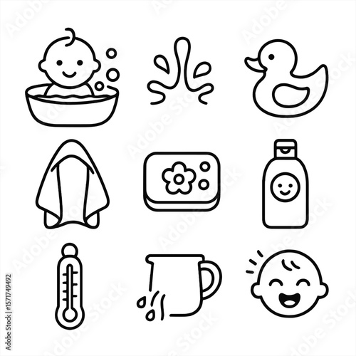 Baby Bath Essentials. Outline style icons of baby bath time: baby in tub, water splash, rubber duck, baby towel, gentle soap,